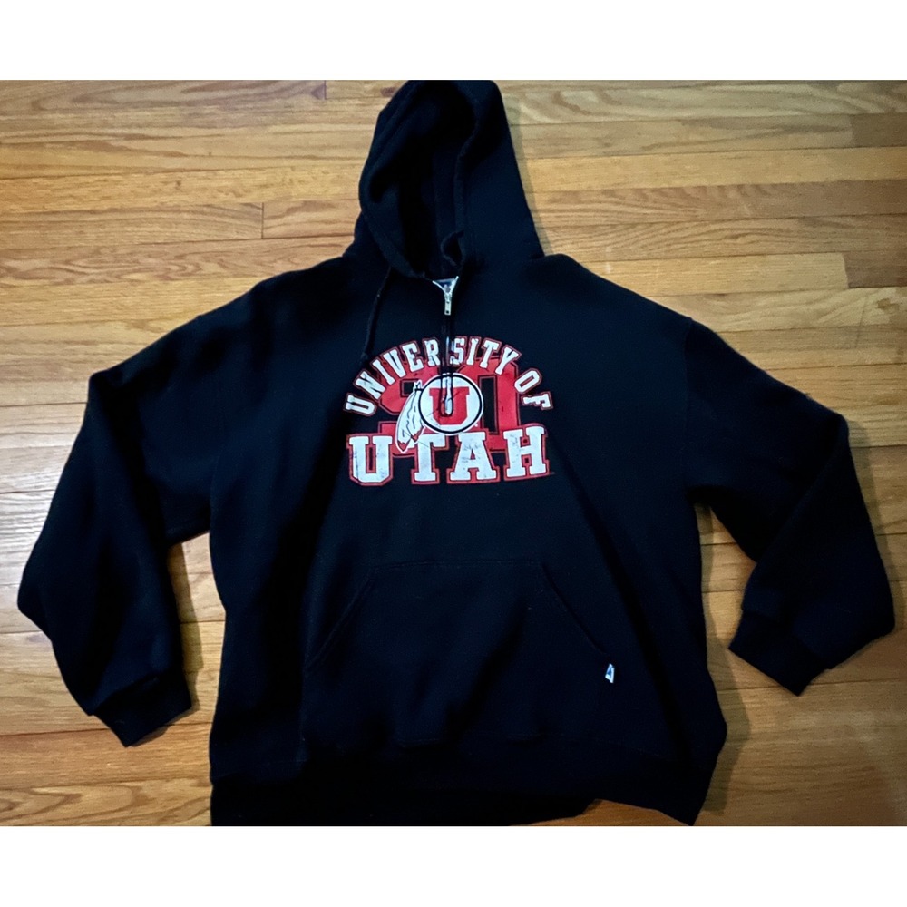University of Utah Russell Athletic Black 1/4 Zip Hoodie Sweatshirt Men XXL